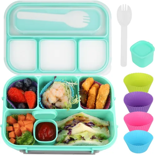 Vista 13 de MaMix Lonchera Bento para adultos, lonchera para niños, contenedores de almuerzo para adultos, niños, estudiantes, 44.0 fl oz, 4 compartimentos Azul