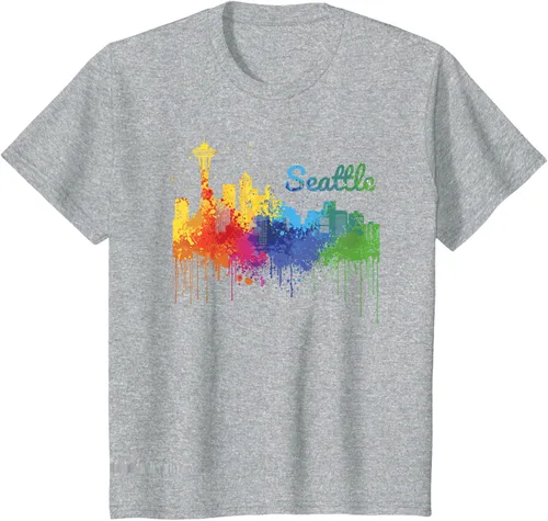 Vista 36 de Seattle Washington Skyline Watercolor Souvenir Seattle Camiseta, Negro