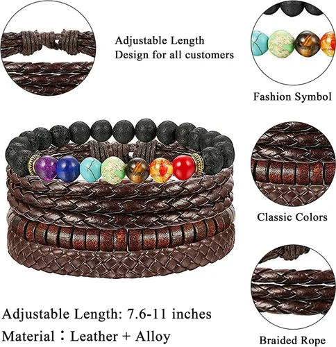 Vista 4 de FIBO STEEL 31 pulseras de cuero trenzado para hombres y mujeres cuentas de madera pulseras tribales de cáñamo geniales pulseras punk pulseras