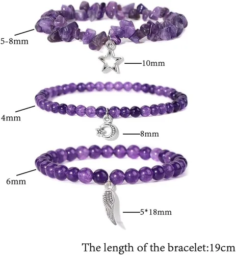 Vista 6 de Juego de 3 pulseras de cuentas de piedra natural para mujeres y hombres, estrellas y luna, alas de ángel, juego de pulseras curativas de reiki