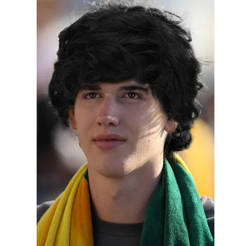 Vista 5 de Peluca negra corta para hombre, peluca de cabello ondulado y esponjoso para hombres y niños, cabello sintético natural para disfraz de Halloween
