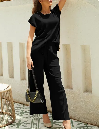 Vista 4 de Aedceal Conjunto de suéter de 2 piezas para mujer, conjunto de descanso de punto, chaleco y pantalones de cintura alta