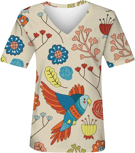 Vista 2 de Camiseta de manga corta para mujer, transpirable, con estampado floral, con temperamento, elástica, cuello en V