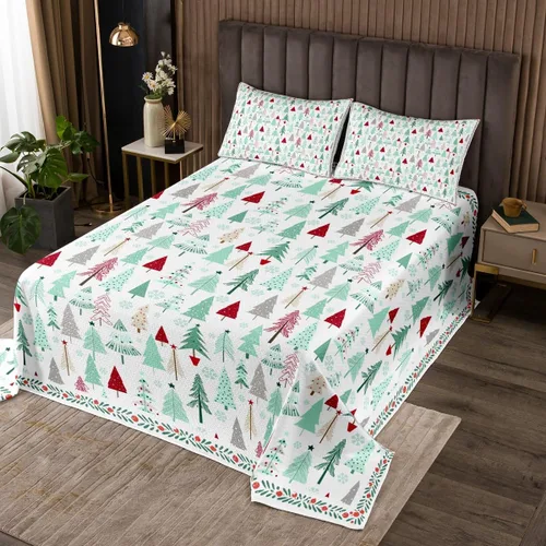 Vista 10 de Manfei Juego de colcha de Navidad para niños, tamaño individual, diseño de pinos de dibujos animados, decoración de habitación de niños y adultos