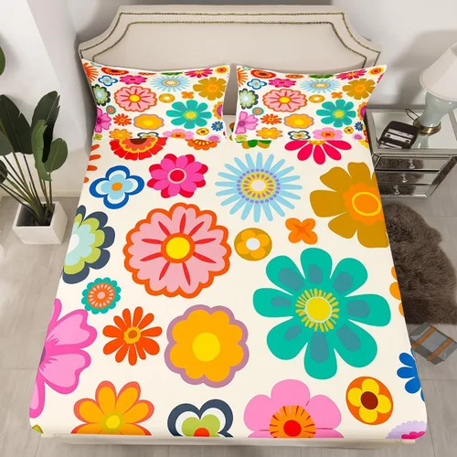 Vista 2 de Juego de sábanas de flores Groovy de los años 70, tamaño individual, para niños y niñas, fresco, vintage, bohemio, floral, para mujer, Halloween