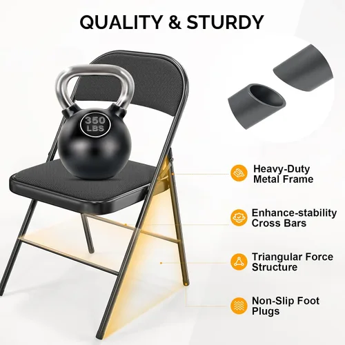 Vista 5 de Bonnlo Silla plegable, sillas plegables acolchadas de tela con cojín, respaldo y marco de acero para interiores y exteriores, comedor, oficina, Negro