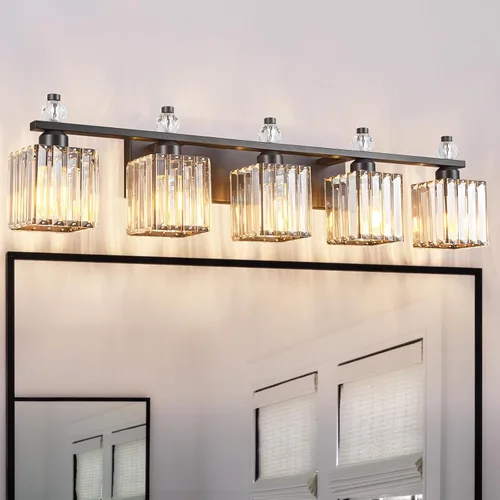 Vista 25 de Luces de Tocador de Baño de 3 Luces, Placado Negro, Modernas Luces de Tocador de Cristal para Baño, Luces de Tocador de Cristal para Usar Sobre