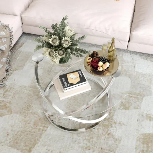 Vista 8 de Otterease Mesa de centro de vidrio de 31", mesa auxiliar moderna con marco de metal plateado con anillo, mesa de centro redonda de vidrio