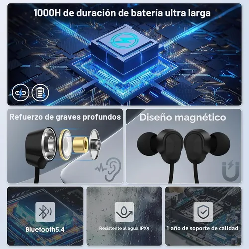 Vista 2 de Auriculares Bluetooth con banda para el cuello, auricular Bluetooth con Negro