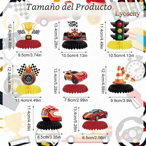 Vista 2 de 8 piezas de decoración de fiesta de coche de carreras, centro de mesa de papel de panal de abeja, centros de mesa Let's Go Racing de doble cara 3D