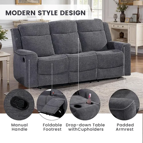 Vista 5 de Betsy Furniture Juego de sofá reclinable manual de microfibra suave, sofá con mesa desplegable, dos sillones reclinables, gris carbón 9111