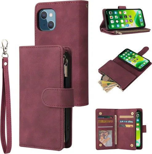 Vista 15 de UEEBAI Funda para iPhone 13 de 6.1 pulgadas, Cartera de piel sintética retro a prueba de golpes con función de soporte de ranuras para tarjetas Azul