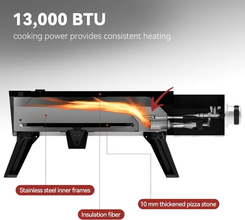 Vista 6 de Horno de pizza para exteriores con piedra de pizza de 13 pulgadas, 13,000 BTU, máquina portátil de pizza de gas propano con patas plegables