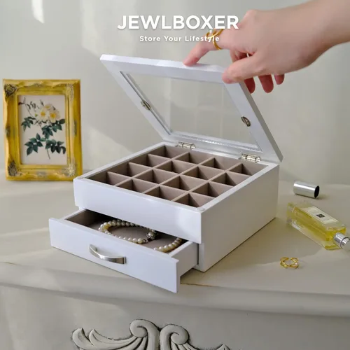Vista 3 de JEWLBOXER Organizador de joyas Joyero de madera con parte superior de cristal para mujer, caja de regalo, pulseras, anillo, collar y organizador