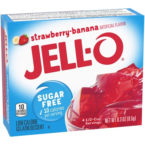 Vista 4 de Jell-O Mezcla de postre de gelatina sin azúcar, sabor fresa y plátano, gelatina de frutas baja en calorías para postres, aperitivos y recetas