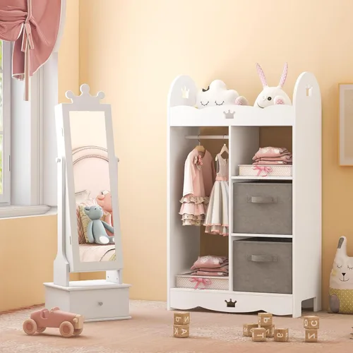 Vista 8 de Costzon Armario de joyería para niños, organizador de joyas de pie de 45 pulgadas con espejo de longitud completa, 3 cajones de almacenamiento