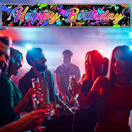 Vista 6 de Cartel de neón para decoración de cumpleaños que brilla en la oscuridad, fondo colorido de grafiti, suministros para fiesta, telón de fondo