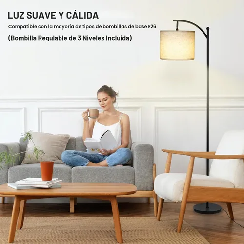 Vista 5 de LALISU Lámpara de pie moderna, lámpara de pie ajustable de 3 formas con pantalla de lino, altura ajustable, interruptor de pie, lámpara de lectura