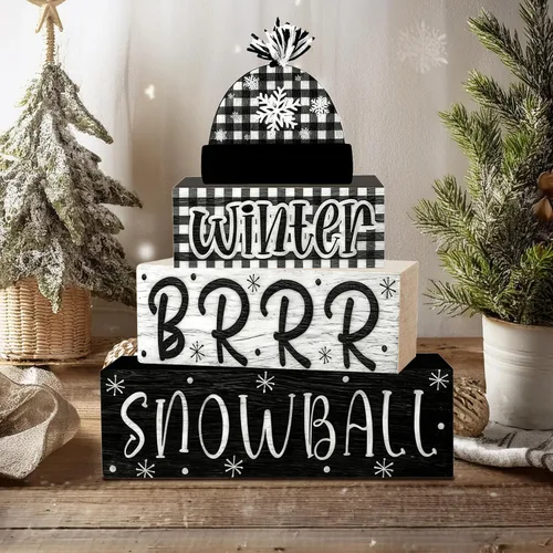 Vista 5 de 4 piezas de decoraciones navideñas para interiores - decoración de mesa de bola de nieve de madera para el hogar - centro de mesa navideño