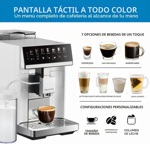 Vista 3 de Kenmore Cafetera de Café Completamente Automática - con Molinillo, Espumador de Leche y Vaporizador, Tamper Automático, Máquina de Espresso Blanco