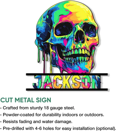 Vista 2 de Letrero de metal personalizado con calavera, letrero colgante de calavera para porche al aire libre, valla de pared con nombre personalizado, patio