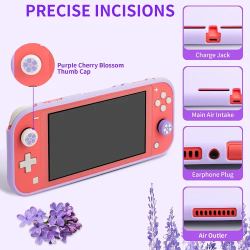 Vista 5 de GLDRAM Carrying Case for Nintendo Switch Lite, Accessories Bundle with Purple Sakura Travel Case, Soft TPU Protective Skin Cover, HD Screen