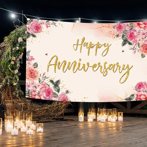 Vista 4 de Decoración de telón de fondo de feliz aniversario, diseño floral rosa, decoraciones temáticas de fiesta de aniversario de boda para parejas, hombres
