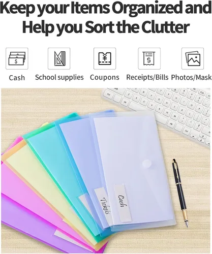 Vista 7 de Sooez Sobres de plástico pequeños, paquete de 12 bolsas de plástico con bolsillo para etiquetas, bolsa de sobres de archivo, sobres de dinero