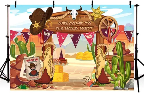 Vista 3 de MEHOFOND Telón de fondo de vaquero del oeste salvaje, tema de vaquero occidental colgante, remolinos de papel de aluminio, decoraciones de fiesta