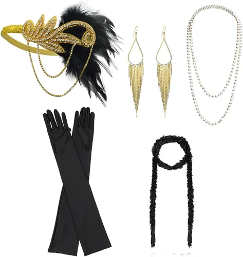 Vista 9 de DRESHOW - 1920s accesorios, sets , disfraz Gatsby, diadema, aretes, guantes