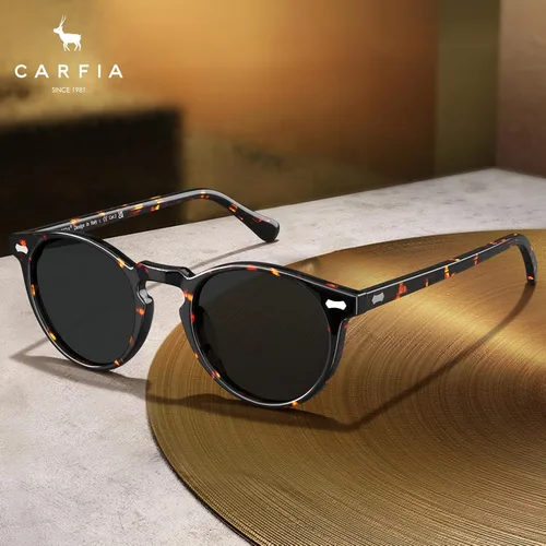 Vista 60 de CARFIA Gafas de sol polarizadas de acetato redondo para mujer, protección UV de cara pequeña con funda de cuero CA5288