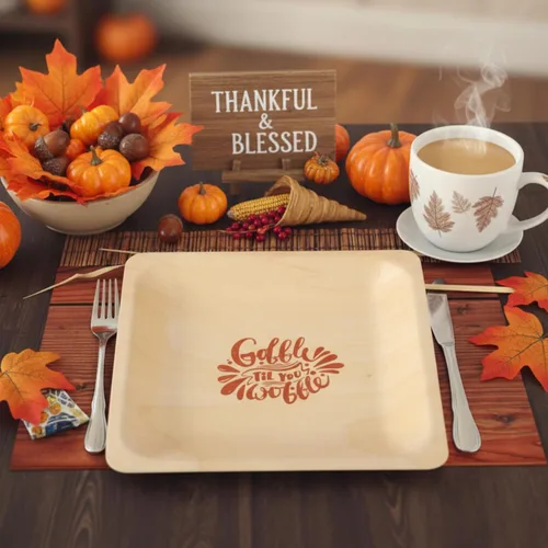 Vista 3 de Yaomiao 50 platos desechables de madera de otoño de 7 x 7 pulgadas, con estampado de Gobble Til You Wobble, platos cuadrados desechables de madera