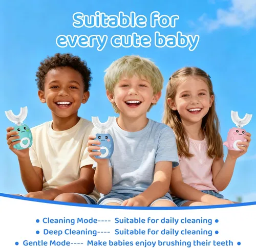 Vista 3 de Cepillo de dientes eléctrico en forma de U para niños, con 3 modos de limpieza, con 4 cabezales de cepillo, cepillo de dientes automático sónico
