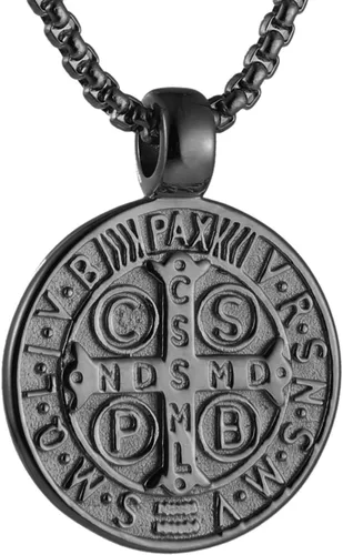 Vista 2 de Collar con colgante de exorcismo de San Benito para hombre, acero inoxidable, cruz católica, protección de demonios, cazador de fantasmas (CSPB)