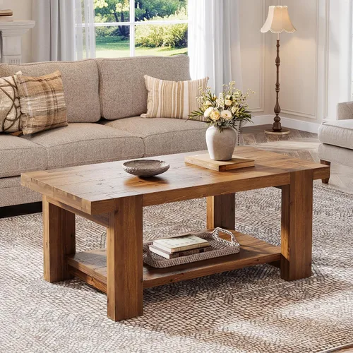 Vista 3 de Mesa de centro de madera maciza con estante de almacenamiento de 2 niveles, mesa central rectangular de granja de 47.2 pulgadas para sala de estar