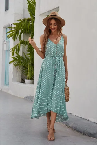 Vista 5 de BROVAVE - Vestido de verano 2023 para mujer, diseño informal, bohemio, con lunares, tirantes delgados, cuello en V, holgado y de largo por debajo