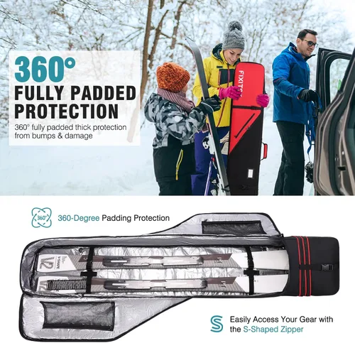 Vista 5 de FIXITOK Bolsa de snowboard y esquí para viajes aéreos, bolsa de snowboard acolchada completa impermeable que se ajusta a tabla, botas, ropa, casco