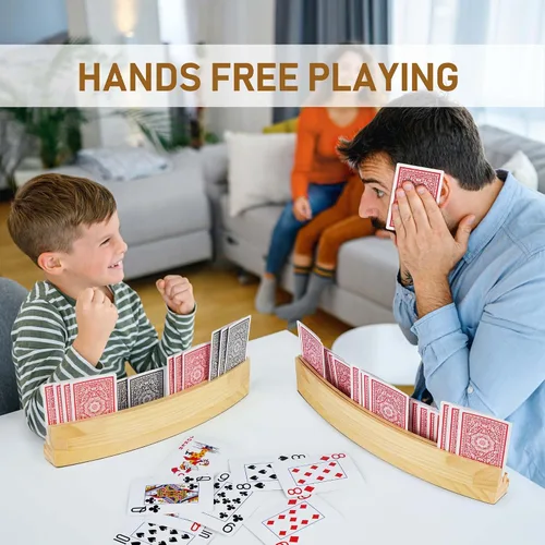 Vista 7 de LotFancy Juego de 2 portatarjetas para niños, adultos y personas mayores, juego de 2, 3 niveles, manos libres, tarjetero de madera curvado