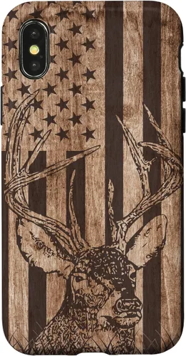 Vista 5 de Funda de madera para iPhone 16 con diseño de ciervo de cola blanca para caza cazador de bandera estadounidense