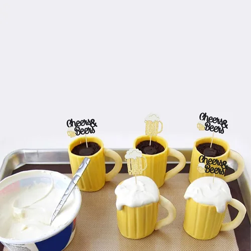 Vista 6 de Gyufise 24 piezas de decoración para cupcakes de Cheers and Beers - Taza de cerveza con purpurina negra para cupcakes, baby shower, cumpleaños