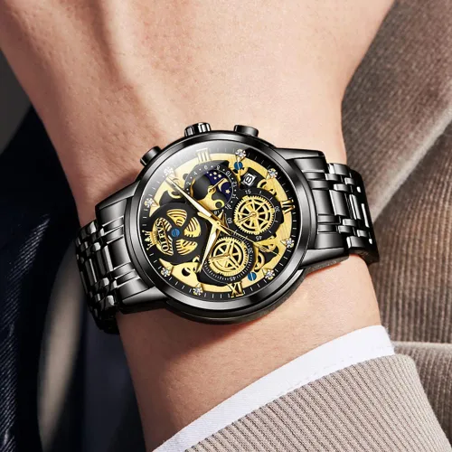 Vista 4 de OLEVS Relojes de esqueleto para hombre analógico de cuarzo multifuncional cronógrafo impermeable de lujo luminosos para hombre