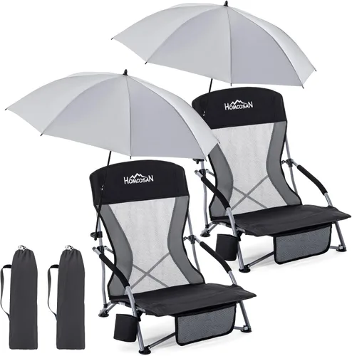 Vista 20 de Homcosan Silla de playa portátil baja plegable con paraguas desmontable, silla de campamento ligera para adultos con portavasos y bolsillo