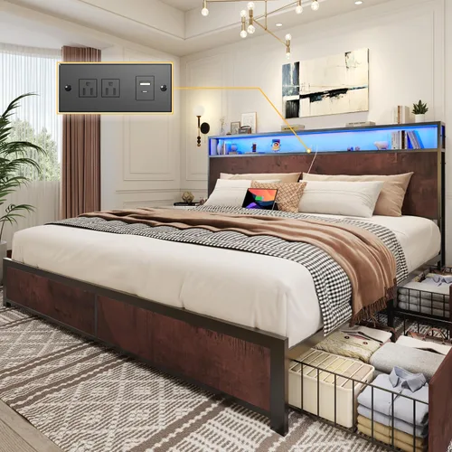 Vista 11 de Lifezone Base de cama Queen con cabecera de almacenamiento de 2 niveles, base de cama de plataforma de metal con 4 cajones de almacenamiento, gris