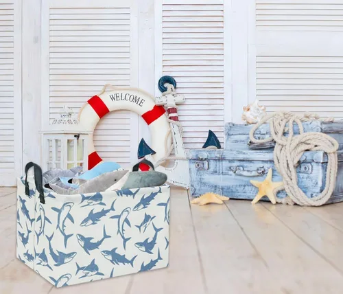 Vista 3 de Cesta rectangular de tiburón para niños, cesta de almacenamiento para bebés, lindo organizador de juguetes para niños, cesta para estante, libro