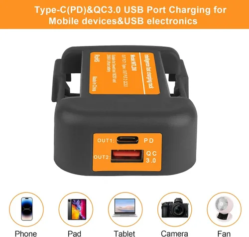 Vista 5 de Paquete de 2 adaptadores de cargador USB compatibles con batería Dewalt de iones de litio de 20 V con salida USB e interfaz de carga rápida tipo C