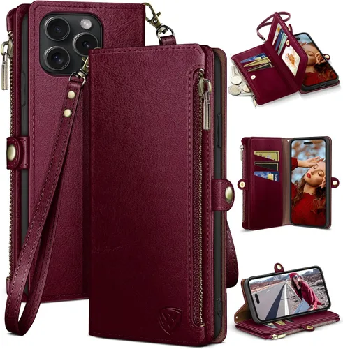 Vista 12 de XcaseBar Funda tipo cartera compatible con iPhone 14 Pro Max de 6.7 pulgadas con cremallera y tarjetero de crédito, bloqueo RFID, funda de piel