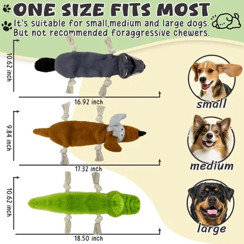 Vista 4 de Juguetes chirriantes para perros sin relleno, paquete de 3 juguetes de cuerda para dentición, juguetes de peluche arrugados para mantenerlos