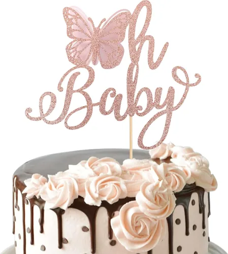 Vista 10 de Rsstarxi 1 paquete de decoración de pastel de mariposa Oh Baby con purpurina para baby shower, decoración de pastel de mariposa para revelación