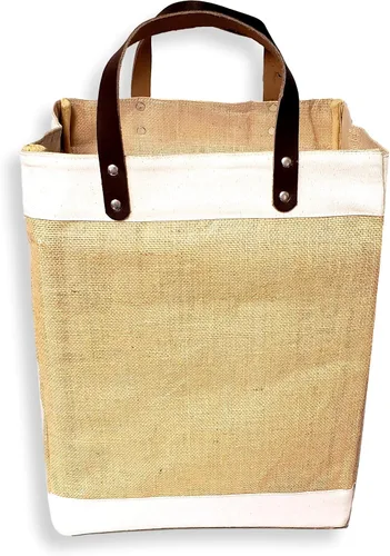 Vista 3 de Bolsa de mano ecológica con asa de cuero de yute y algodón