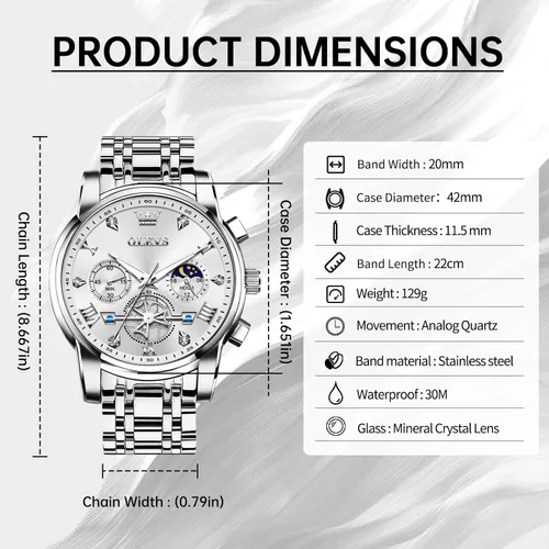 Vista 5 de OLEVS Relojes para hombre de plata, reloj de cronógrafo de acero inoxidable para hombre, reloj analógico de cuarzo de cara grande para hombre